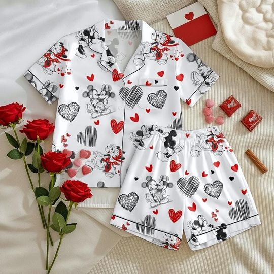 Discover Mk Couple Valentine Pajamas Set with Pocket, Disney Valentine Matching Shirt, Magic Kingdom Cartoon Mouse Short Sleepwear for Her