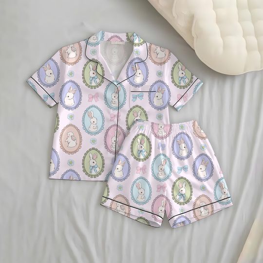 Easter Bunny Pajamas Set for Women, Cute Rabbit Sleepwear, Vintage Spring Lounge Set with Pocket