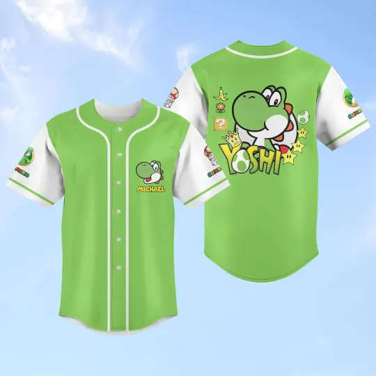 Custom Yoshi Baseball Jersey, Super Mario Bros Baseball Shirt, Video Game Jersey