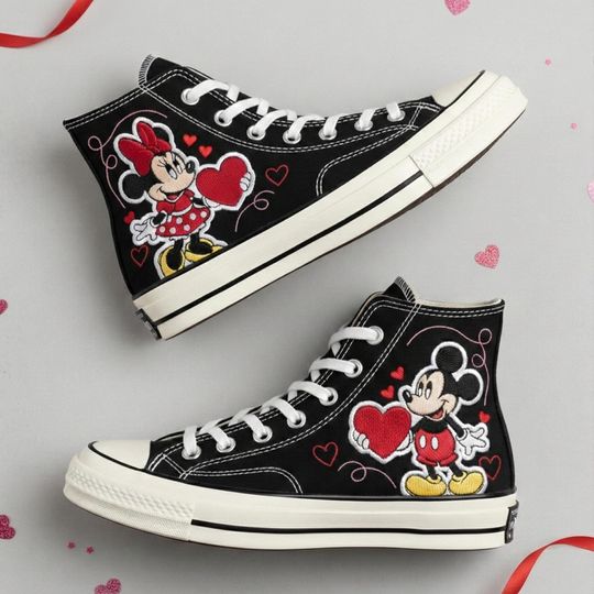 Discover Converse High Top Sneakers with Love Heart Disney Design for Couples