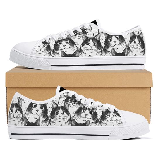 Kitty Cat Canvas Sneakers Women’s Black and White Low Top Shoes