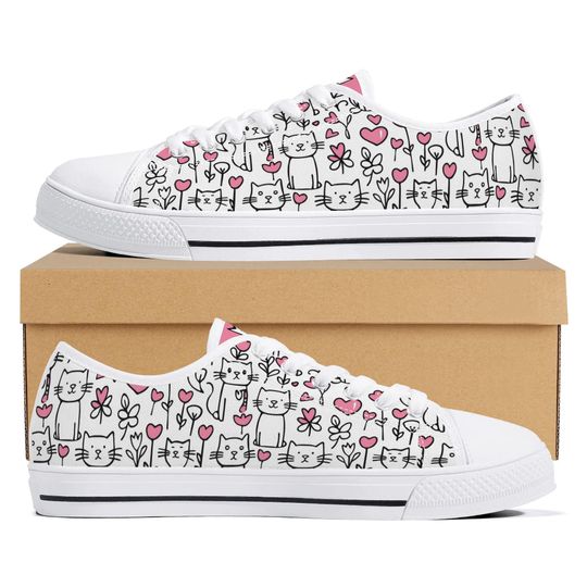Discover Cat Lover Sneakers Black & White Kitten Print Canvas Shoes