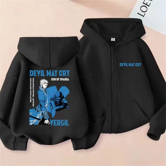Anime Devil May Cry Son of Sparda Vergil Zipper Hoodie Men Women Cartoon Oversized Zip Up Jacket Coat Male Fashion Streetwear