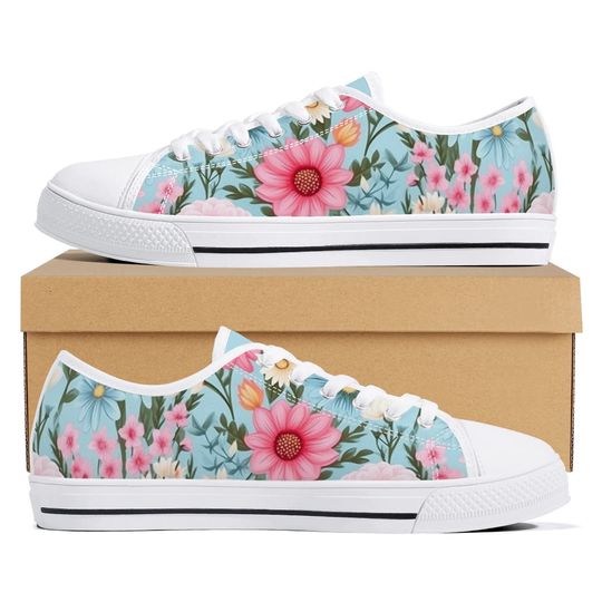 Discover Floral Canvas Sneakers Women’s Low Top Shoes Blue and Pink Flower Print