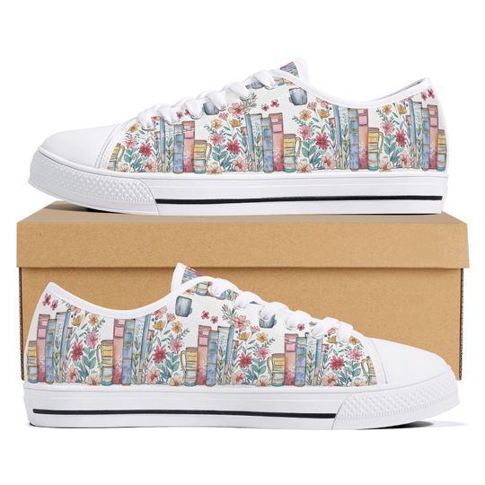 Discover Cottagecore Canvas Sneakers with Books and Coffee Print