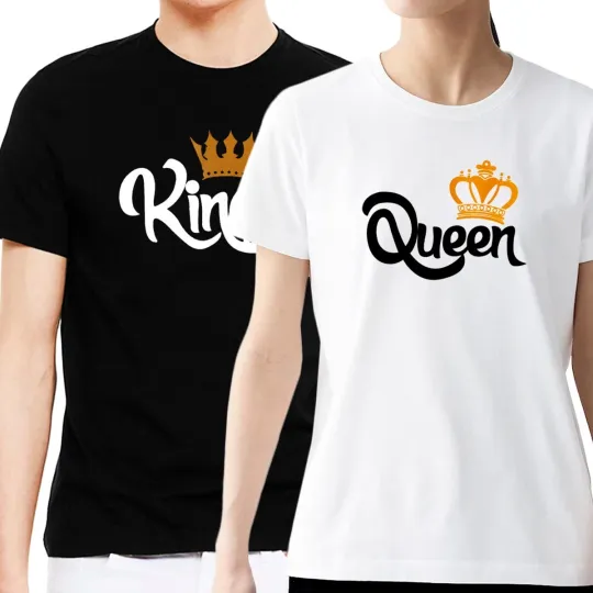 Discover King Queen Gold Crown Couple Matching Love Valentine's Day Crew Neck T-Shirt