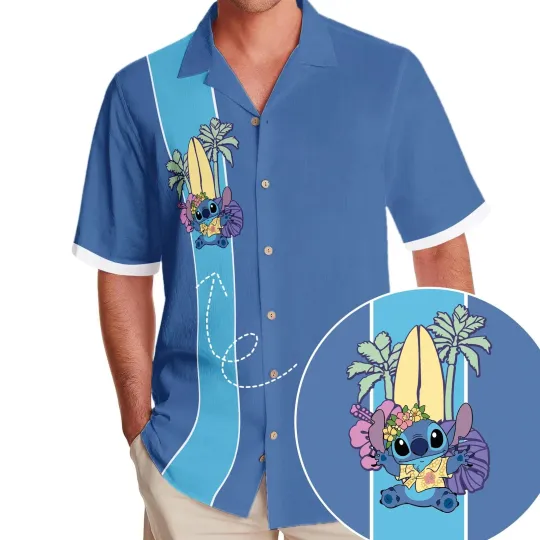 Discover Disney Stitch Surfing Aloha Adventure Tropical Summer Beach Blue Hawaiian Shirt