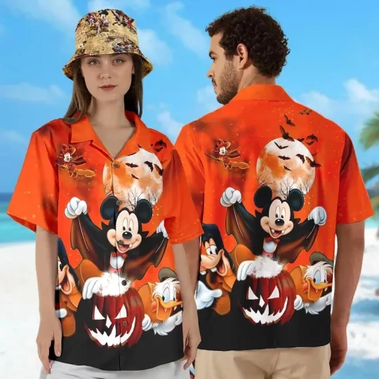Discover Disney Vampire Mickey Halloween Pumpkin Spooky Season Orange Hawaiian Shirt