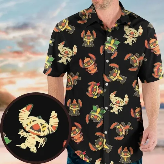 Discover Disney Stitch Cosplay Halloween Lilo & Stitch Spooky Black Hawaiian Shirt