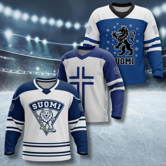 Discover Finland Ice Hockey Jersey Sweatshirt Suomi Blue White Finnish Lion Flag Graphic
