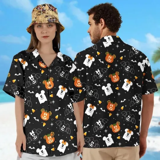 Discover Disney Mickey Mouse Head Costume Halloween Spooky Black Hawaiian Shirt