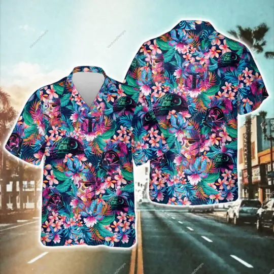 Discover Disney Special Star Wars Synthwave Tropical Leaves Flowers Dark Hawaiian Shirt