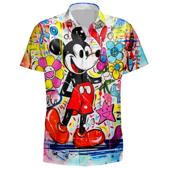 Discover Disney Watercolor Mickey Mouse Holding Flowers Amazing Mickey Hawaiian Shirt