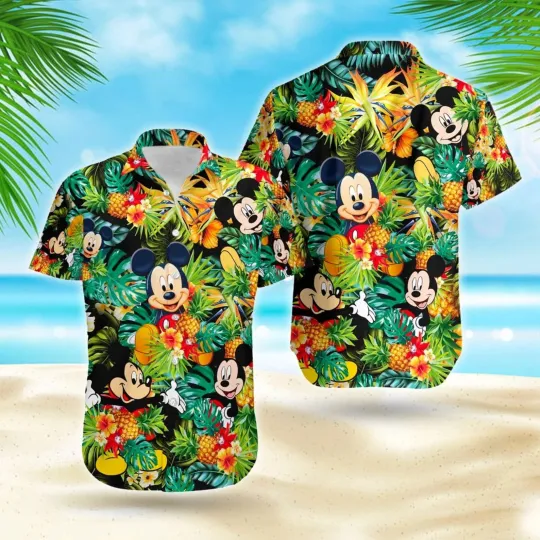 Discover Disney Mickey Mouse Pineapple Tropical Mouse Ears Cartoon Green Hawaiian Shirt