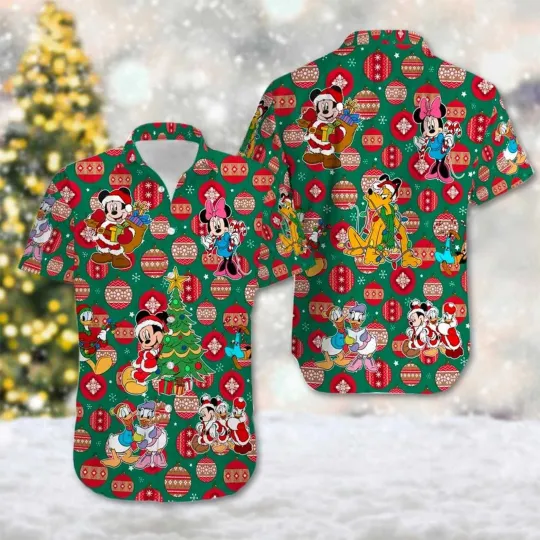 Discover Disney Santa Mickey & Friends Welcome To Christmas Holiday Green Hawaiian Shirt