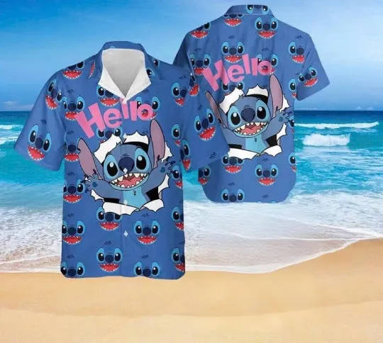 Discover Disney Cute Stitch Hello Cracking Pattern Blue Alien Hawaiian Shirt