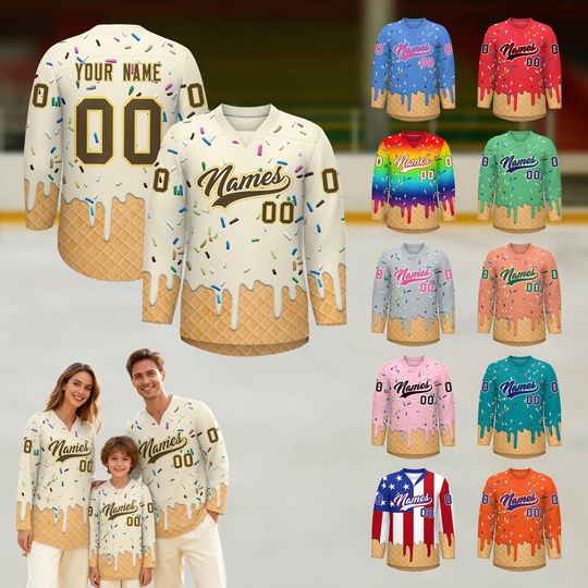 Discover Custom Ice Cream Pattern Personalized V-Neck Hockey Jersey for Adult and Youth, Gift For Hockey Jersey Fan