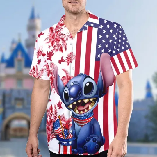 Disney Stitch Tropical Flowers Happy 4th Of July Red White Blue Hawaiian Shirt