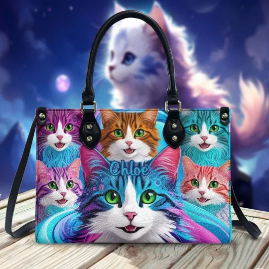 Personalized Crazy Cat Lady Leather Handbag Gift For Cat Mom Lovers Shoulder Bag