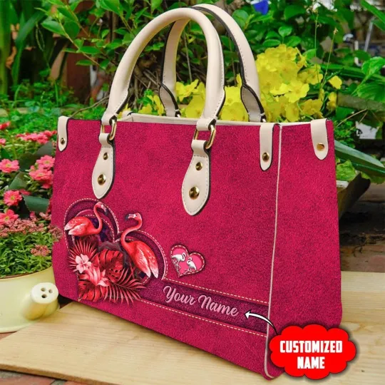 Personalized Pink Flamingo Leather Handbag Gift For Birds Lovers Shoulder Bag
