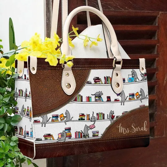 Personalized Cat Books Leather Handbag Gift For Librarian Cat Mom Shoulder Bag