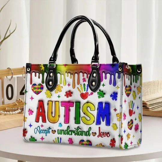Discover Personalized Autism Awareness Puzzle Accept Understand Love Leather Handbag Gift