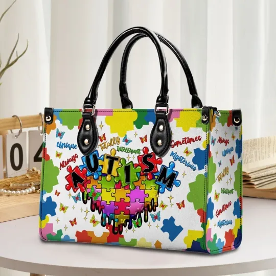 Discover Personalized Autism Awareness Puzzle Accept Understand Love Leather Handbag Gift