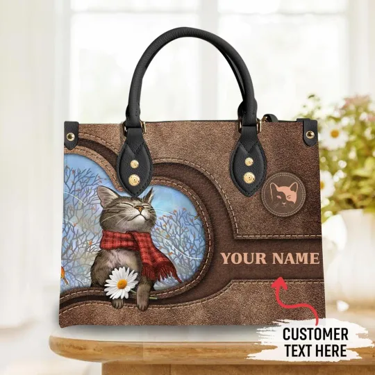 Personalized Cat Kitten Leather Handbag Cat Lovers Shoulder Bag Gift For Cat Mom