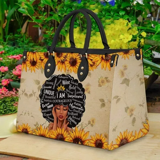 Discover Personalized Black Girl Sunflowers God Says I Am Courage Leather Handbag Gift