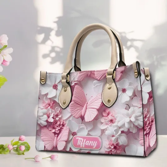 Discover Personalized White Pink Butterfly Flowers Leather Handbag Gift For Gardeners