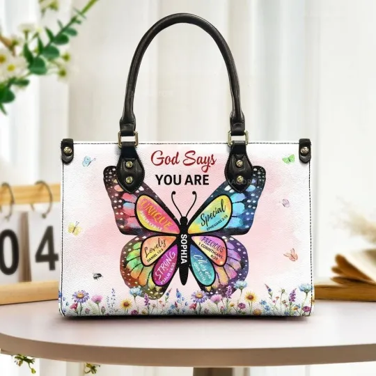 Discover Personalized Butterfly Inspirational God Says You Are Leather Handbag Gift