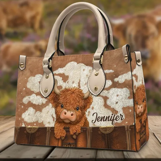 Discover Personalized Highland Cow Leather Handbag Cattle Lovers Shoulder Bag Farmer Gift