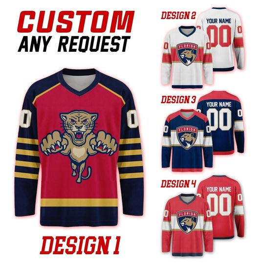 Custom Florida Panthers Ice Hockey Team Home Away Jersey, Florida Hockey Team Vneck Jersey, Long Sleeve Jersey Hockey