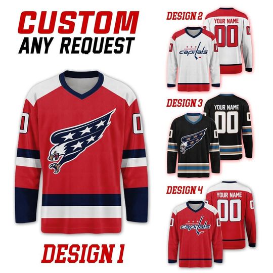 Custom Washington Capitals Ice Hockey Team Home Away Jersey, Washington Hockey Team Vneck Jersey, Long Sleeve Jersey Hockey