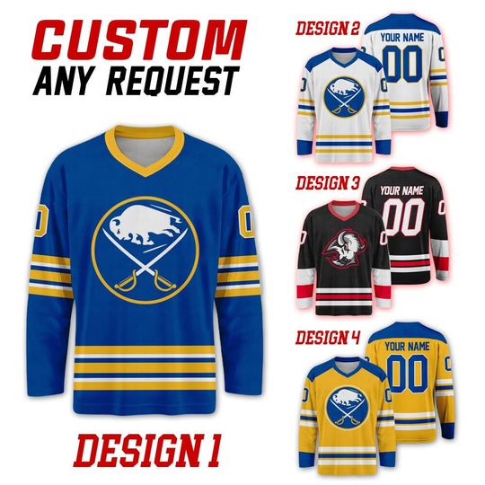 Custom Buffalo Sabres Ice Hockey Team Home Away Jersey, Buffalo Hockey Team Vneck Jersey, Long Sleeve Jersey Hockey