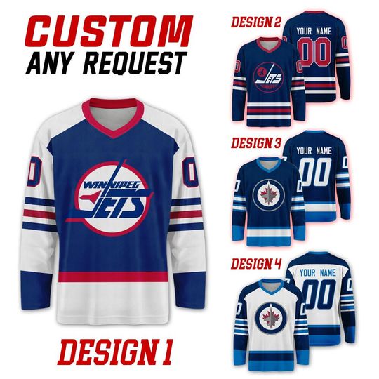 Custom Winnipeg Jets Ice Hockey Team Home Away Jersey, Winnipeg Hockey Team Vneck Jersey, Long Sleeve Jersey Hockey