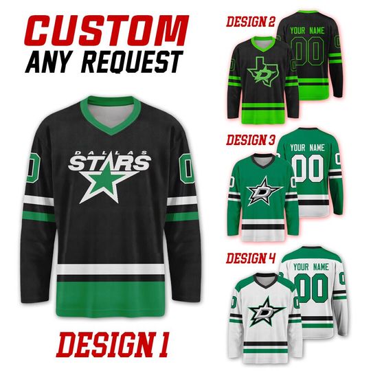 Custom Dallas Stars Ice Hockey Team Home Away Jersey, Dallas Hockey Team Vneck Jersey, Long Sleeve Jersey Hockey