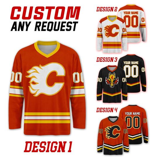 Discover Custom Calgary Flames Ice Hockey Team Home Away Jersey, Calgary Hockey Team Vneck Jersey, Long Sleeve Jersey Hockey