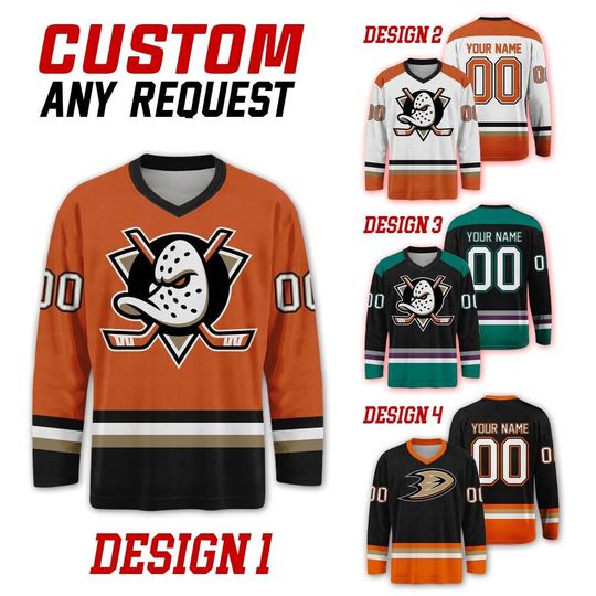 Custom Anaheim Ducks Ice Hockey Team Home Away Jersey, Anaheim Hockey Team Vneck Jersey, Long Sleeve Jersey Hockey