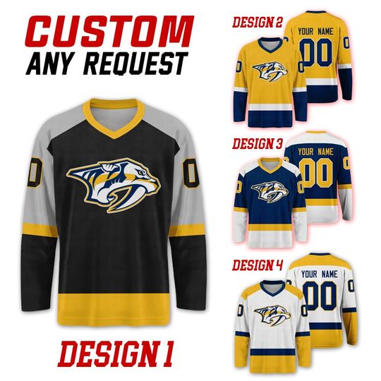 Custom Nashville Predators Ice Hockey Team Home Away Jersey, Nashville Hockey Team Vneck Jersey, Long Sleeve Jersey Hockey