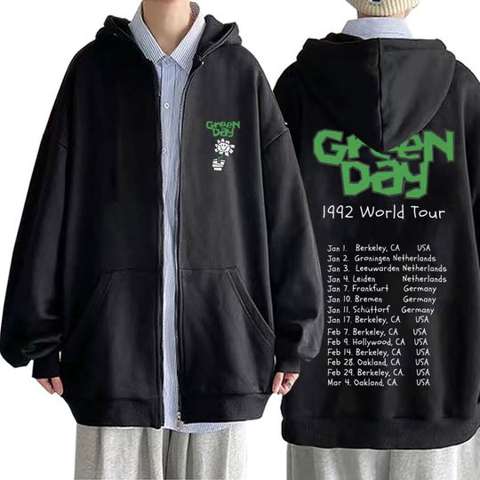 Punk Band Green Day 1992 World Tour Zipper Hoodie Men Vintage Gothic Rock Zip Up Jacket Men's Fleece Casual Oversized Hoodies