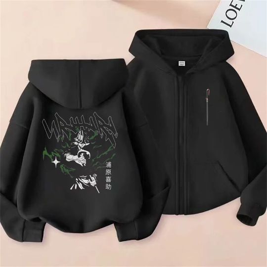 Discover Anime RIPP JUNC Urahara Kisuke Graphic Zipper Hoodie Men Women Vintage Oversized Zip Up Jacket Coat Unisex Fashion Casual Hoodies