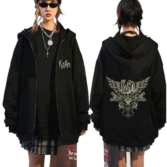 Korn Skeleton Wings Girls Juniors Black Metal Gothic Rock Band Zipper Hoodie Men Women Vintage Oversized Fleece Zip Up Jacket