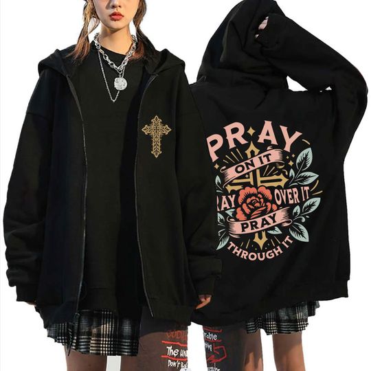 Discover Pray on It Pray Over It T Pray Through It Christian Jesus Zipper Hoodie Men Women Fashion Vintage Oversized Zip Up Jacket Coat