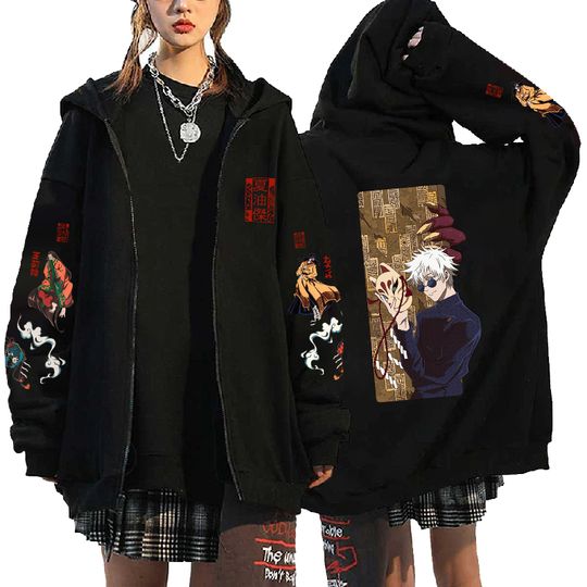 Anime Jujutsu Satoru Gojo Satoru Printed Hooded Men Women Zip Hoodies Plus Size Zip Jacket Manga Sweatshirt Harajuku Pullover