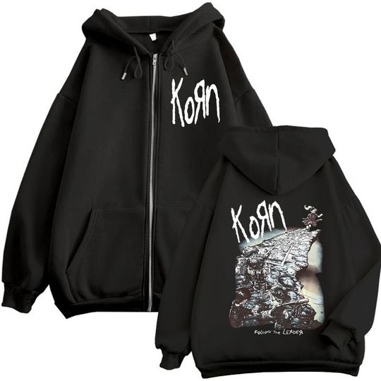 Pop Band Korn Ftl 25 Follow The Leader Graphic Zipper Hoodie Rock Hip Hop Vintage Zip Up Sweatshirts Unisex Oversized Pullovers