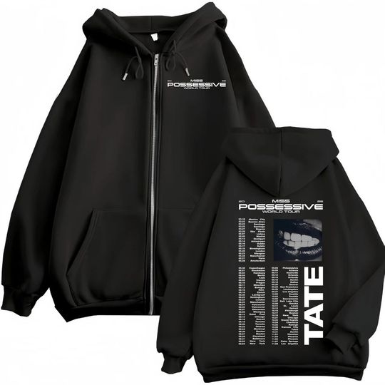 Discover Tate McRae Miss Possessive World Tour 2025 Zipper Hoodie Fashion Vintage Zip Up Sweatshirts Men Women Casual Oversized Pullovers