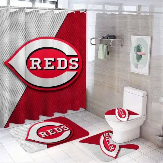 4pcs Baseball Team Sport Redss Shower Curtain Bathroom set