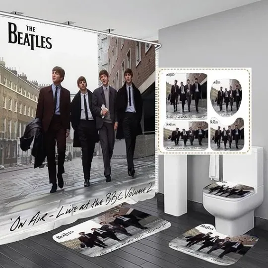 Discover The Beatles 4-Piece Bathroom Set – Shower Curtain, Non-Slip Rugs & Toilet Lid