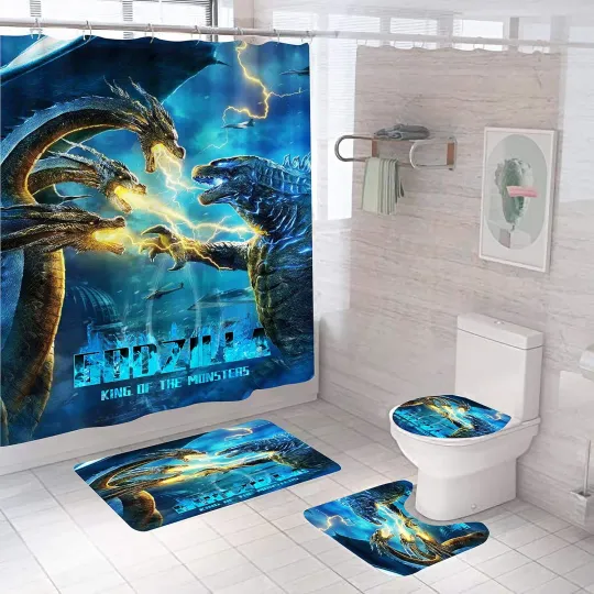Discover 4 Piece god zilla Shower Curtain Set with Non-Slip Rug, Toilet Lid Cover, Bath Ma
